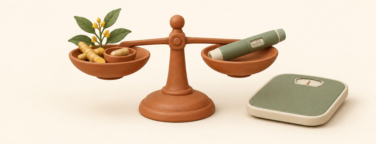 Balance scale weighing a plant capsule against an injection pen, with a small bathroom scale nearby.