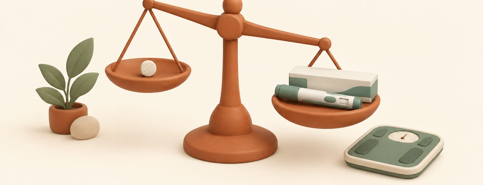 Balance scale weighing a pill against an injection pen, with a bathroom scale nearby, in soft clay style.