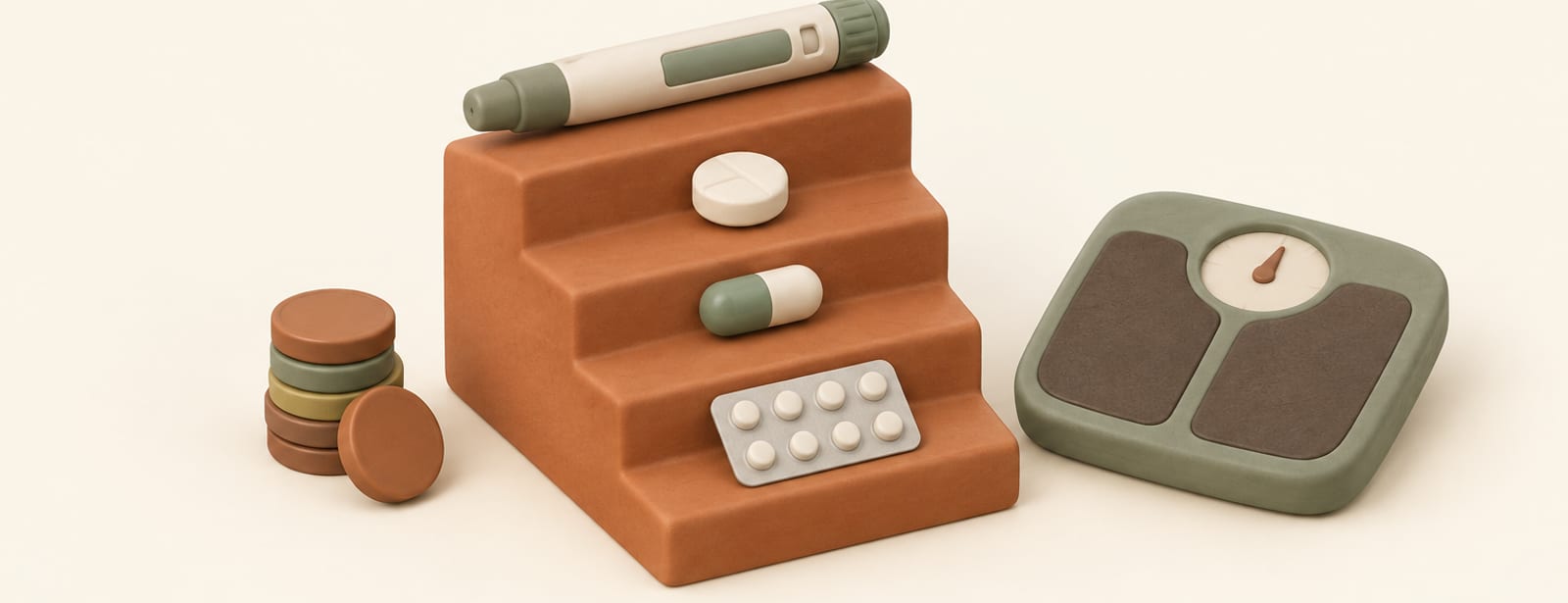 Isometric clay scene of a ranked ladder holding an injection pen, tablet, capsule and blister pack beside a scale and coins.