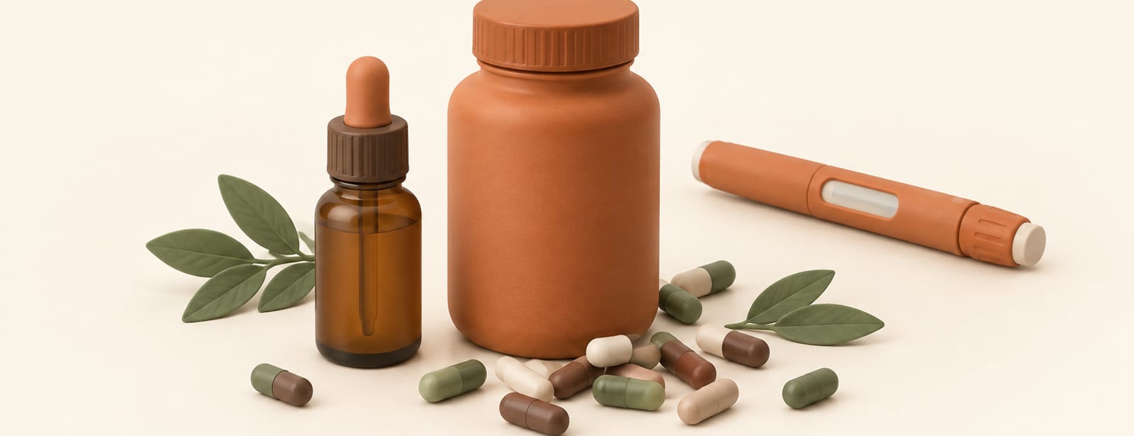 Clay still life of a supplement capsule bottle, dropper bottle and loose capsules beside a distant injection pen.