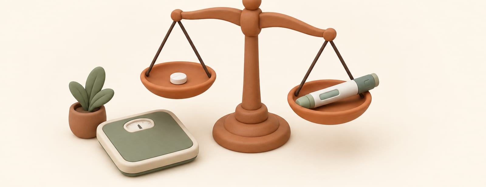 Balance scale comparing a small tablet against an injection pen, with a bathroom scale nearby
