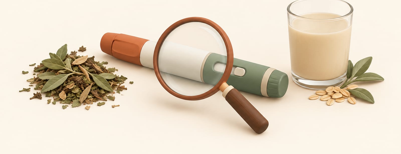 Clay-style still life of an injection pen under a magnifying glass next to herbal leaves and a glass of oat water.