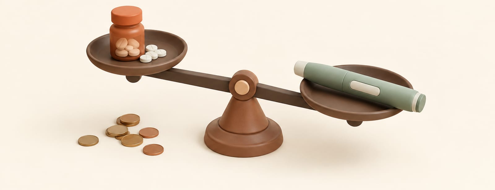 Balance scale weighing a pill bottle against an injection pen, with coins beneath, in soft clay style