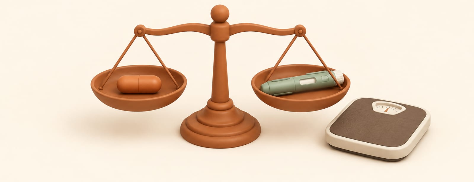 Balance scale weighing a capsule against an injection pen, with a bathroom scale nearby, in soft clay style