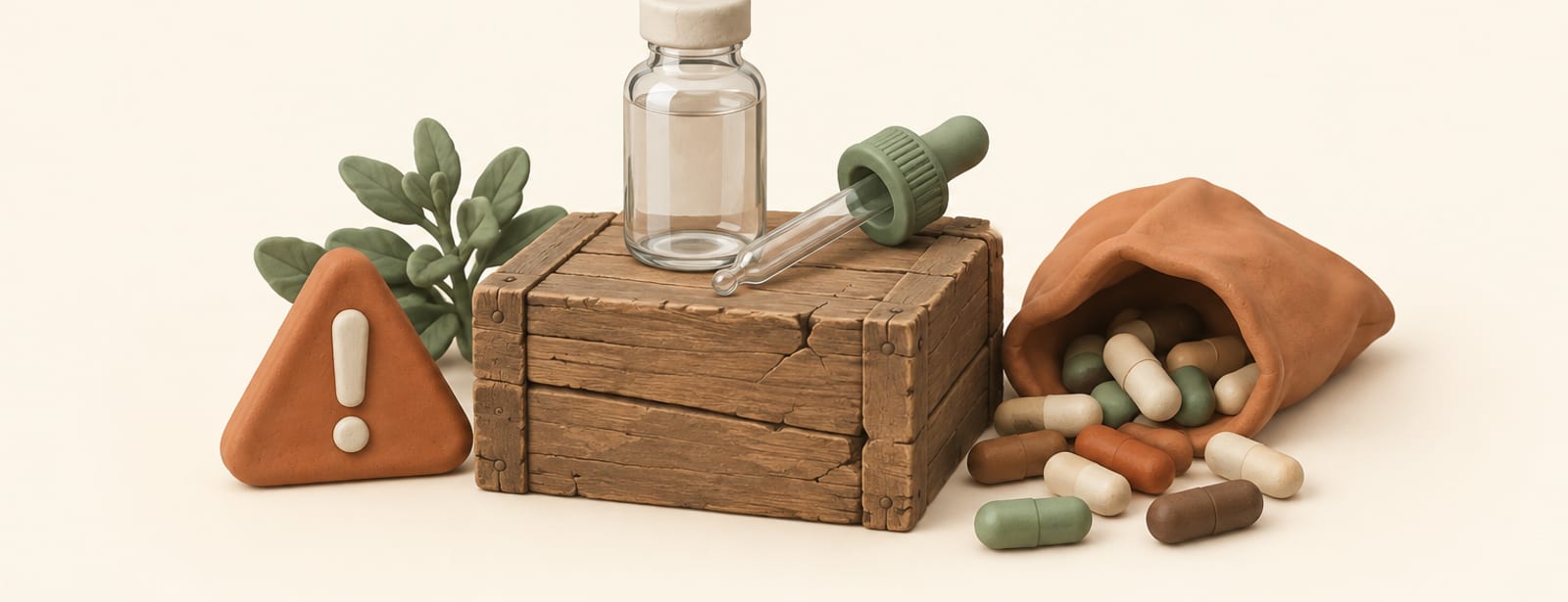 Isometric clay scene of an unmarked glass vial and dropper on a cracked crate with a warning triangle and spilled loose capsules.