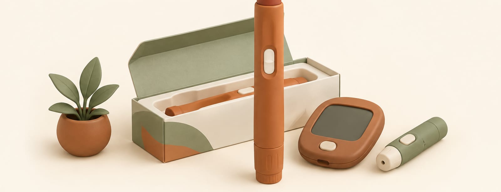 Isometric clay still life of an injection pen, its box, and a glucose meter representing a diabetes medication.