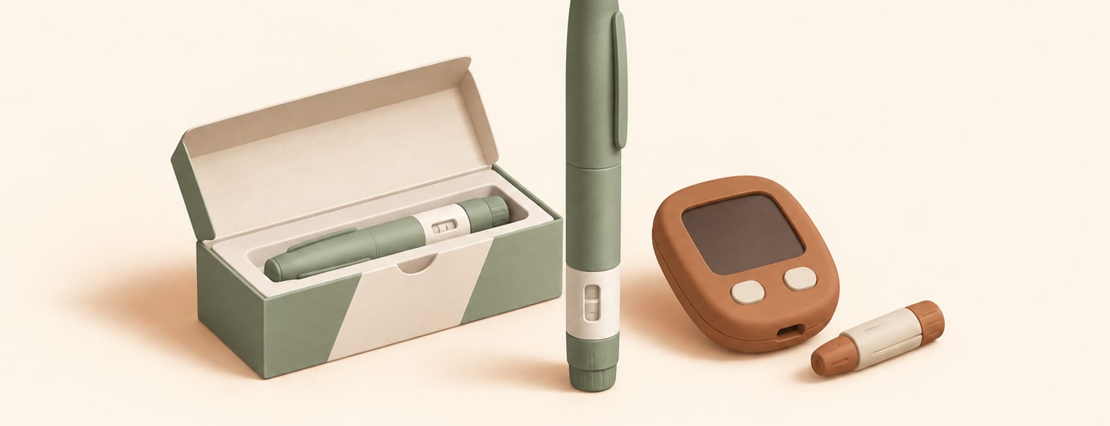 Isometric clay still life of an injection pen, its box, and a glucose meter representing diabetes treatment.