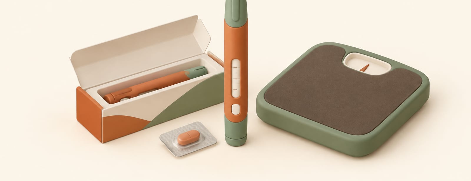 Isometric clay scene of an injection pen, its box, an oral tablet, and a small bathroom scale
