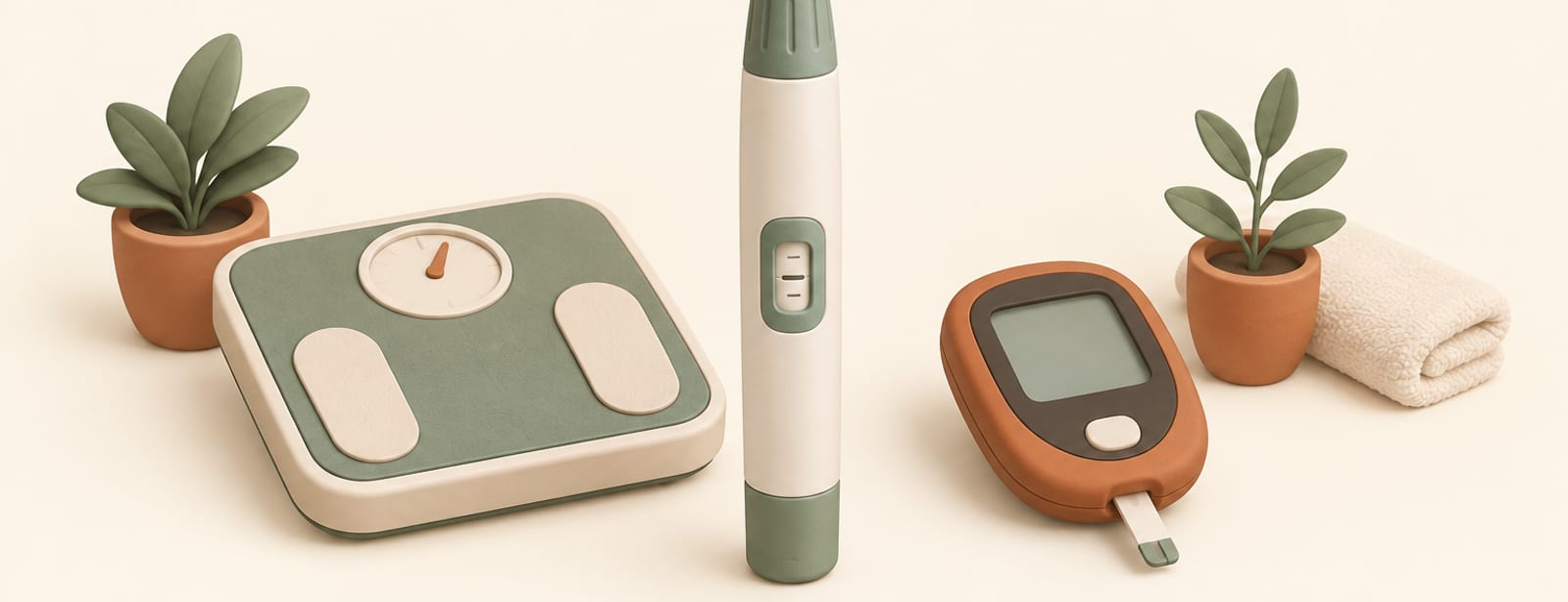Clay-style still life of an injection pen with a bathroom scale and glucose meter, representing tirzepatide medication.