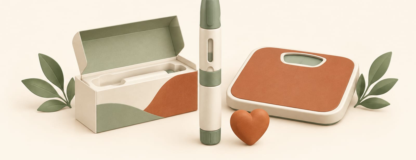 Isometric clay scene of an injection pen with its box, a bathroom scale, and a small heart shape.