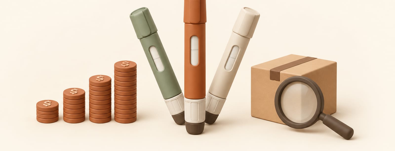 Three clay medication pens fanned out with a rising coin stack and a magnifying glass beside a sealed box.