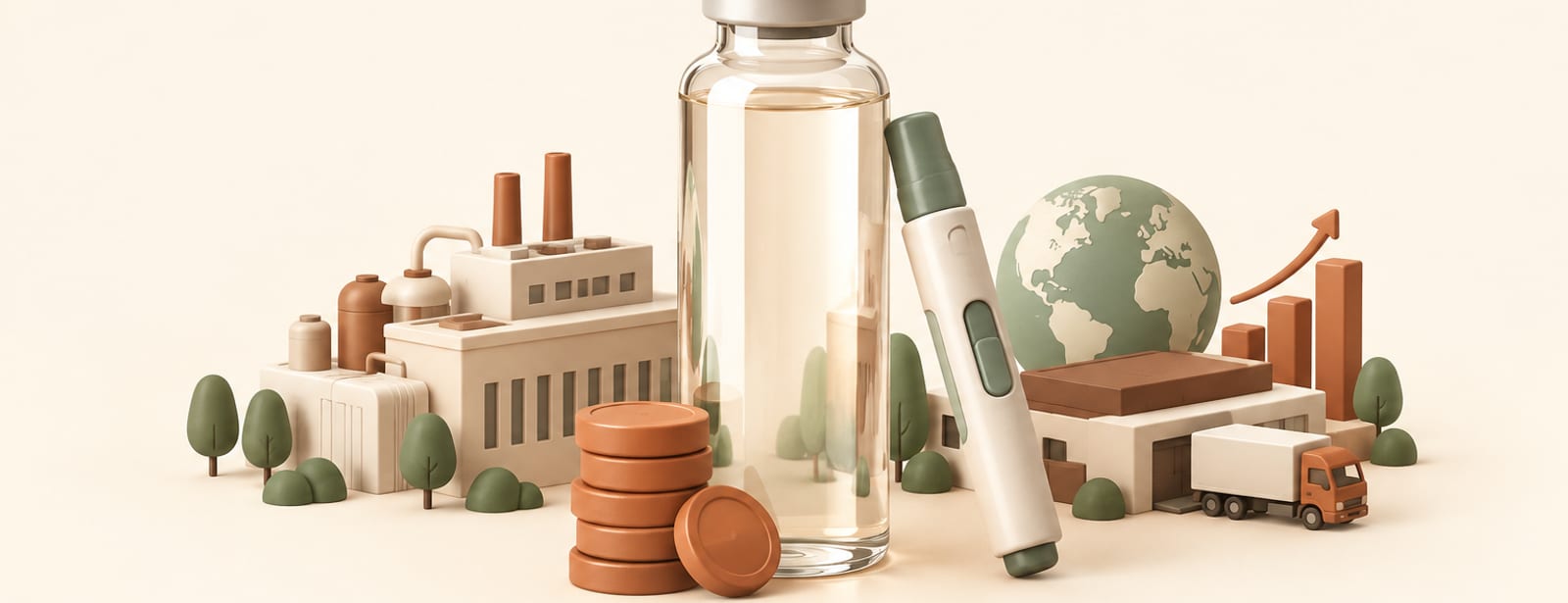 A tall glass vial standing like a skyscraper beside a generic injection pen and a stack of coins, in soft clay style.