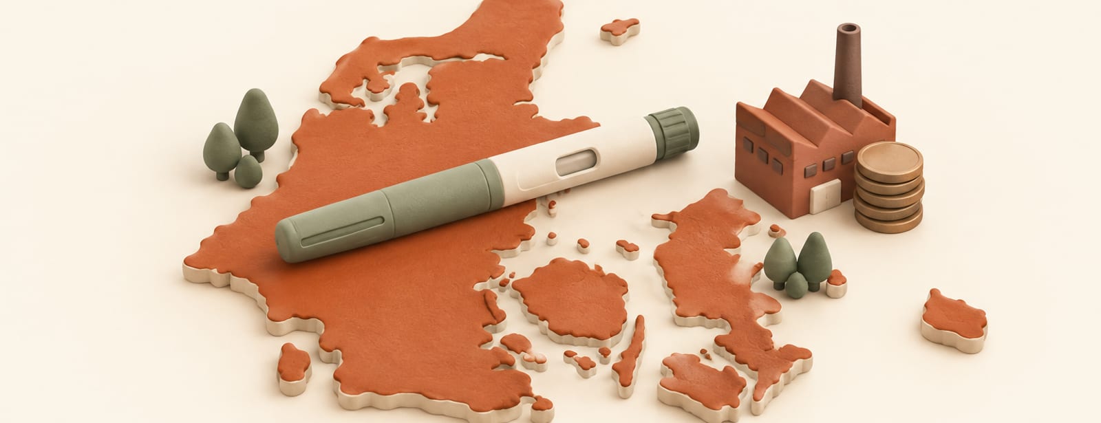 Clay still life of a Denmark-shaped silhouette with an injection pen, coins, and a small factory building.