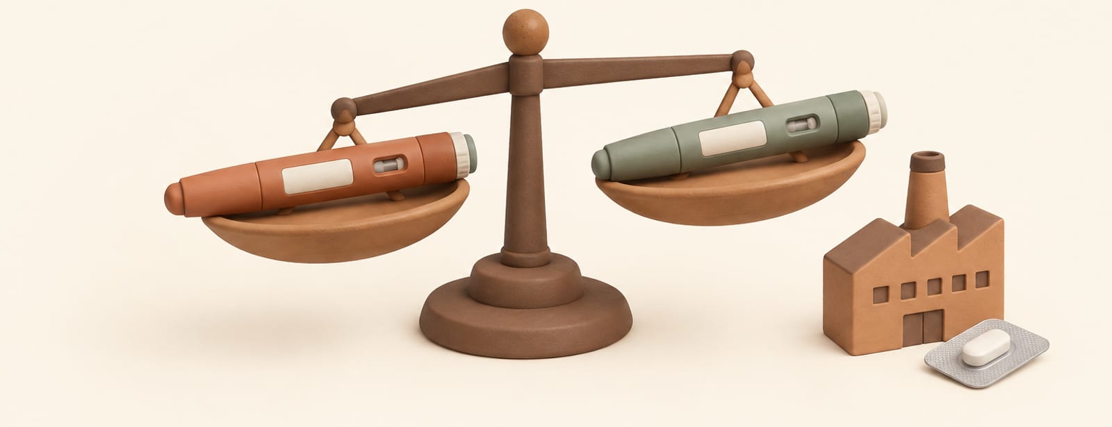 Two injection pens on a balance scale beside a small clay factory and a blister-packed tablet, in soft isometric clay style.