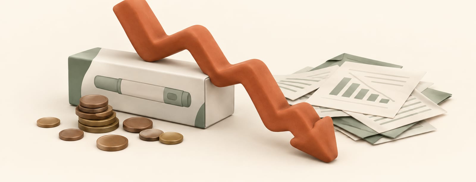 Isometric clay still life of a downward-sloping chart ribbon beside a fallen injection pen box and coins