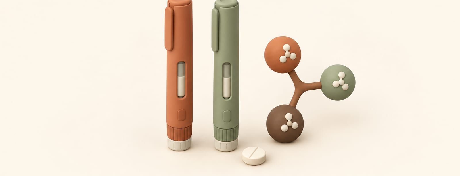Two clay injection pens beside a branching molecule diagram and a tablet, representing a drug pipeline