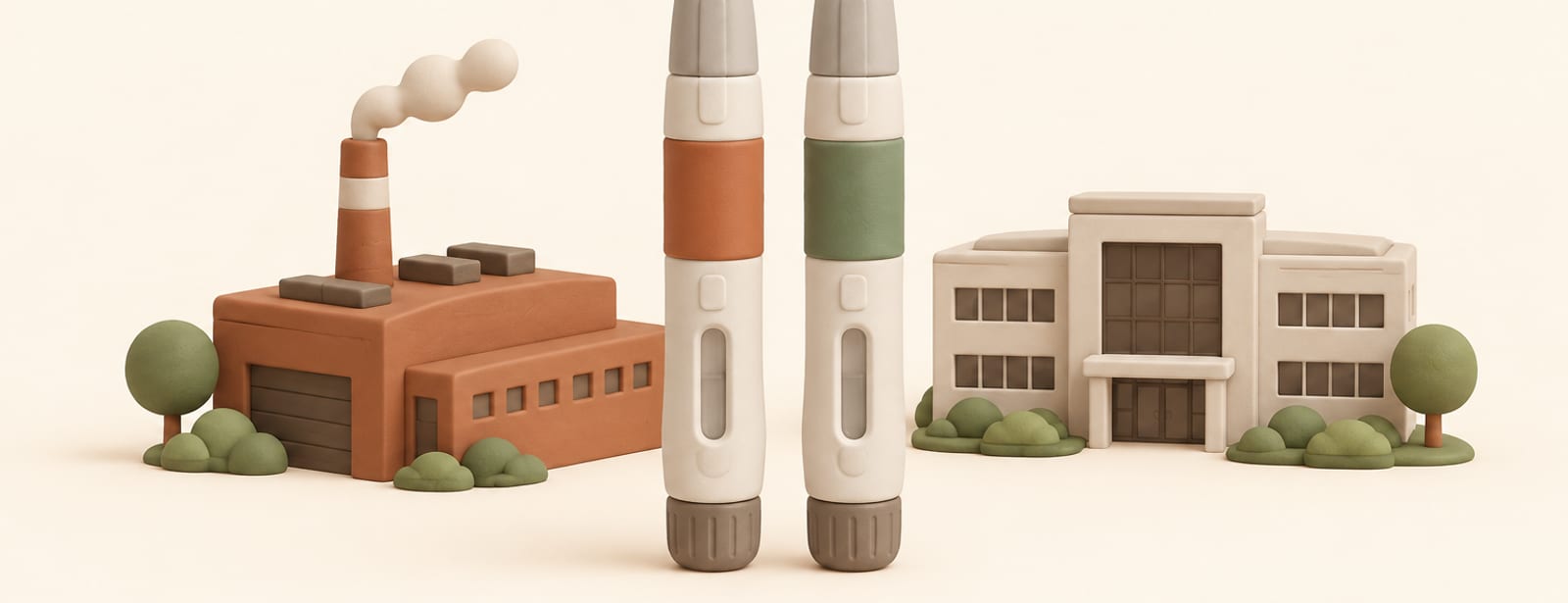 Two identical clay medicine pens with different colored bands beside a small clay factory building.