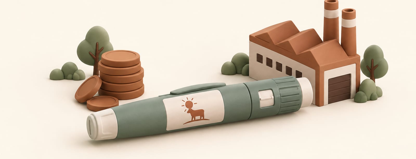 Isometric clay scene of a weekly injection pen beside a small factory shape and a stack of coins