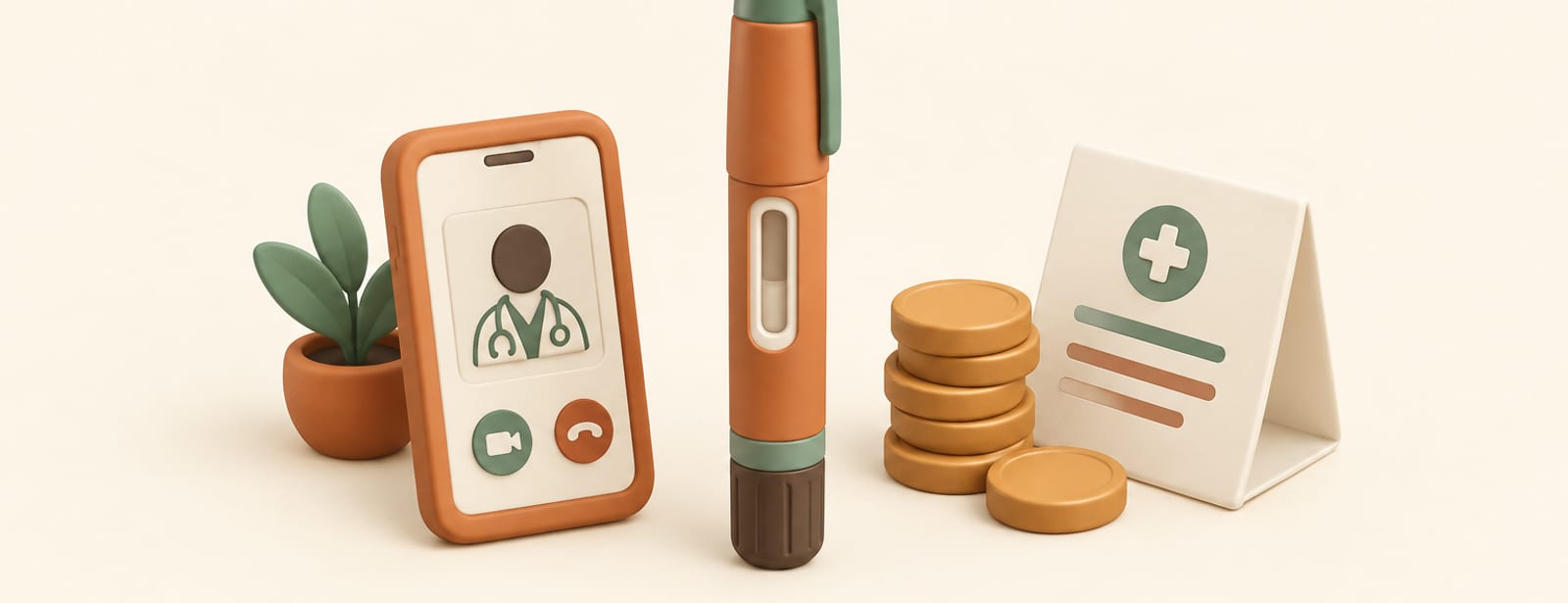 Isometric clay scene of an injection pen beside a phone shape, coins, and a folded document.