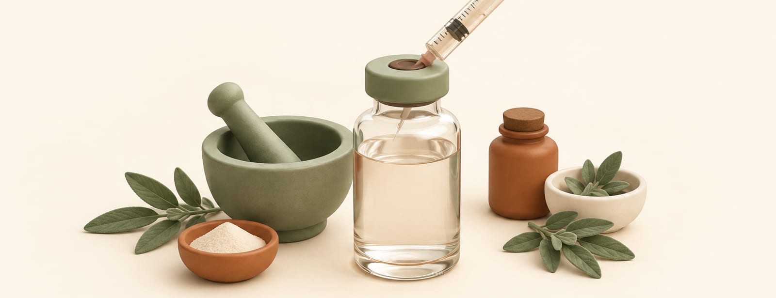 Clay-style illustration of a glass compounding vial, syringe, and mortar and pestle on a cream surface.