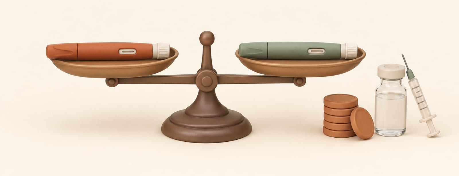 Balance scale weighing two injection pens evenly, with coins and a vial beside it, in soft clay style.