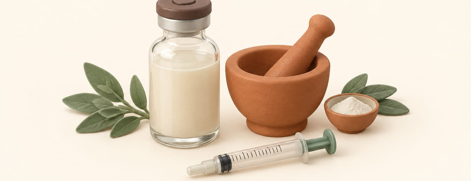 Isometric clay scene of a compounding vial, mortar and pestle, and a syringe on a cream surface.