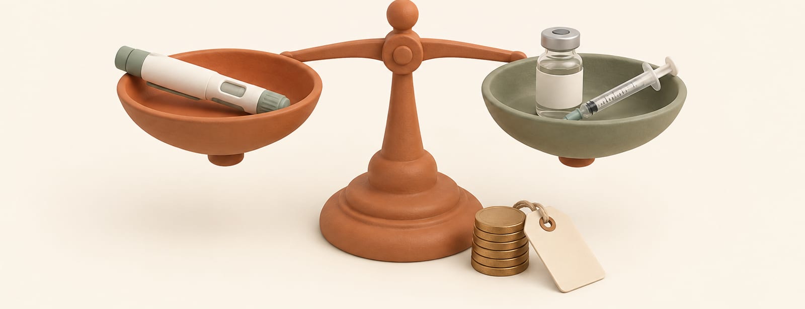 Balance scale weighing a branded injection pen against a compounded vial and syringe, with coins beside it