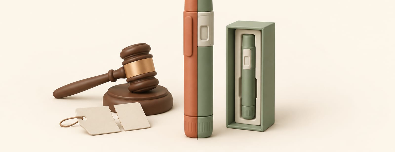 Clay-style still life of a split injection pen, half bare half boxed, beside a gavel and a torn price tag.