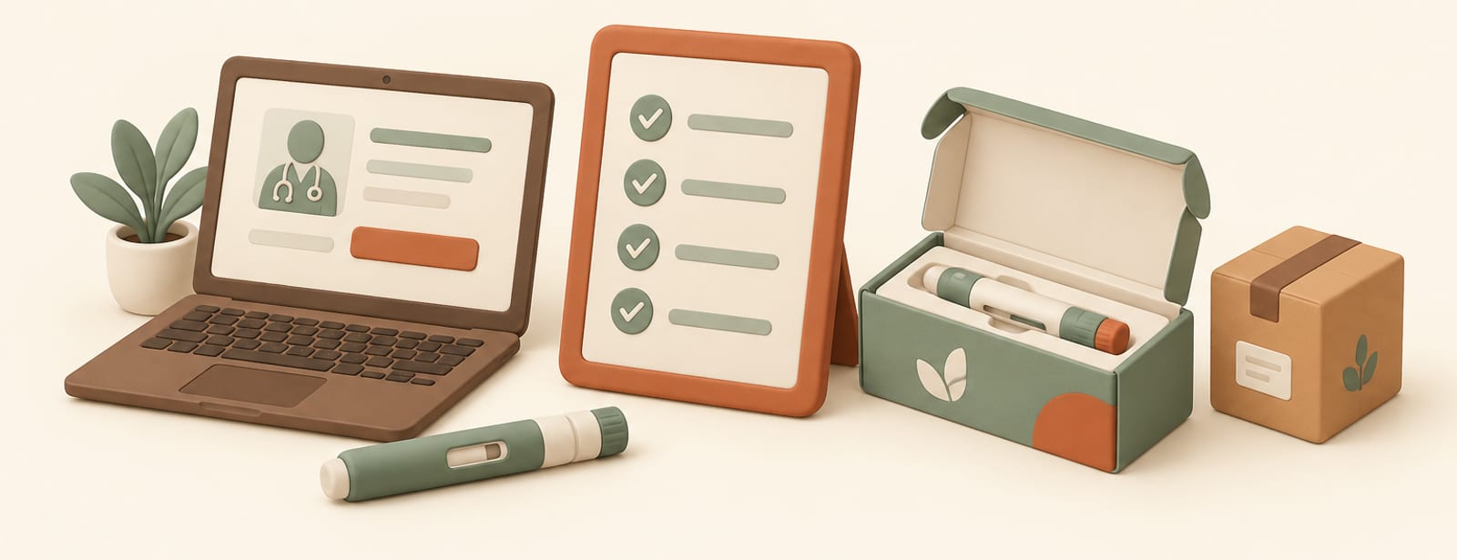 Clay still life of an online form tablet, an injection pen, and a small delivery box on a cream surface.