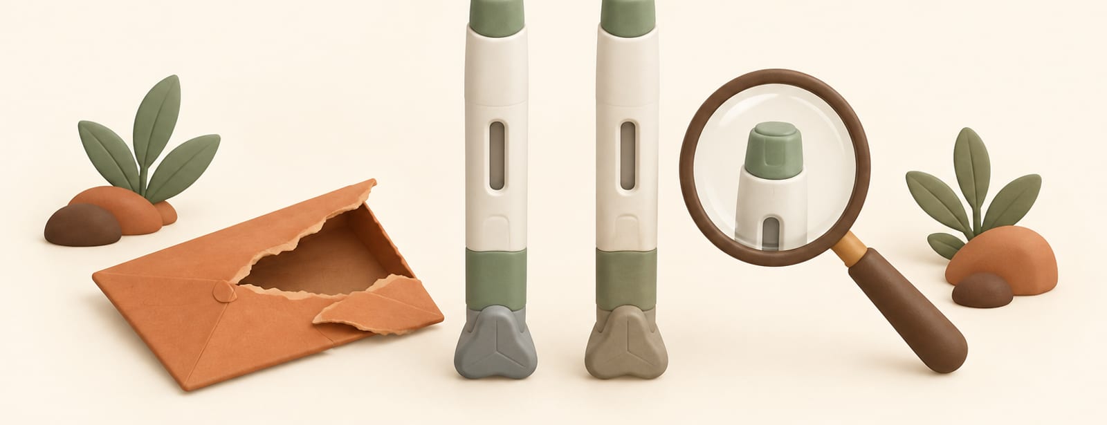 Two injection pens, one genuine-looking and one slightly off, examined with a magnifying glass beside an empty envelope.
