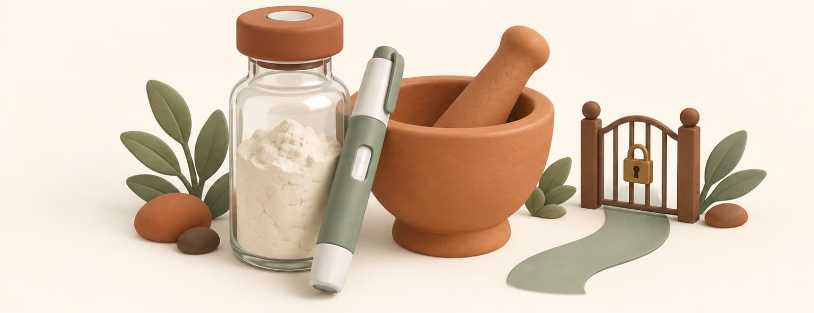 Isometric clay scene of a compounding vial, mortar and pestle, and an injection pen beside a small locked-gate shape