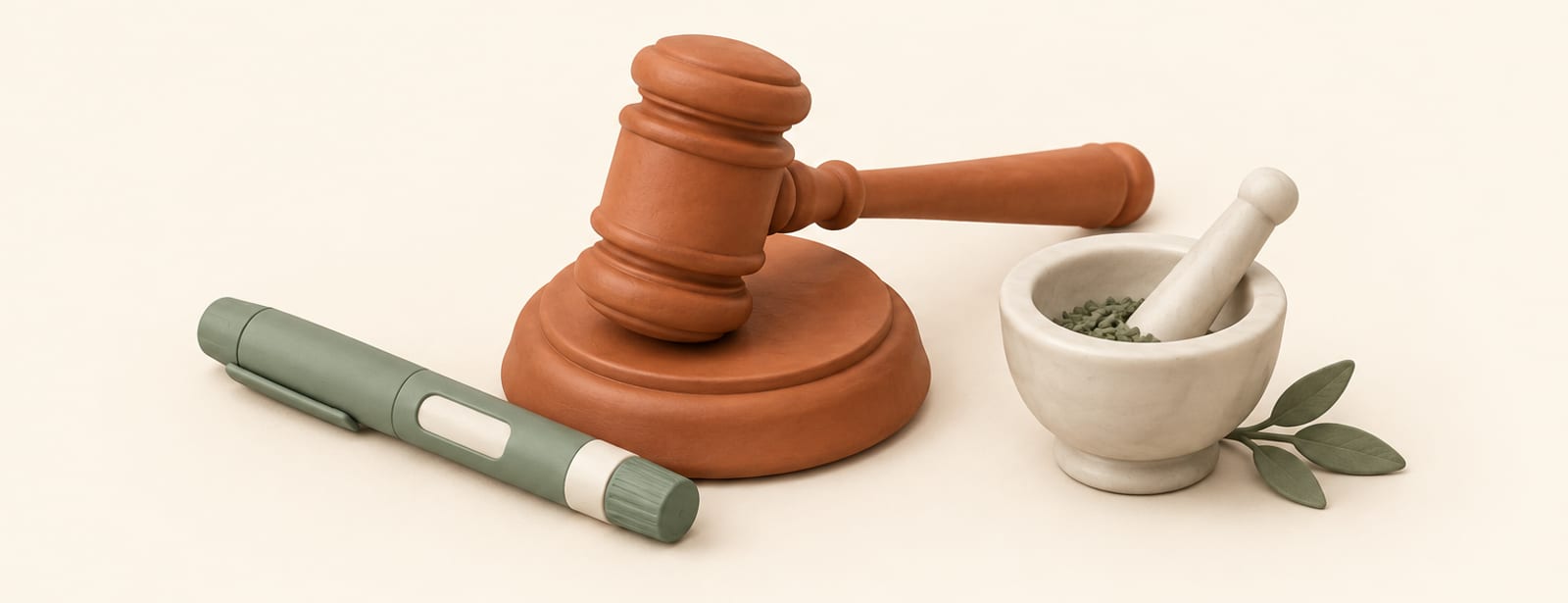 Isometric clay scene of a gavel beside an injection pen and a mortar and pestle, symbolizing a legal fight over compounded medication.