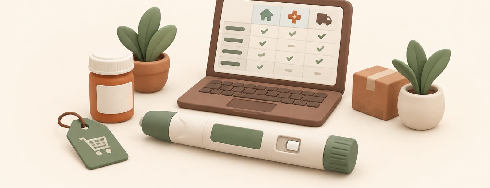 Isometric clay scene of an injection pen, a laptop showing a comparison grid, a pharmacy bottle, and a price tag.