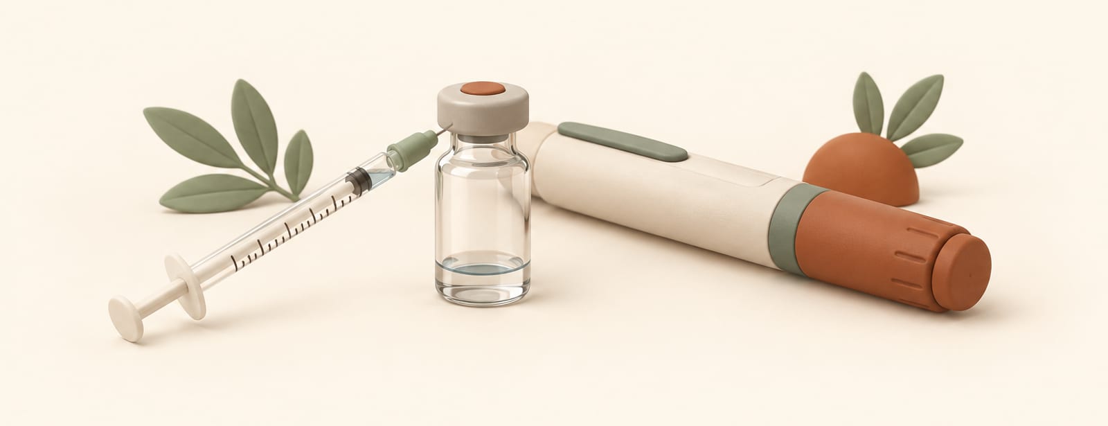 Small vial with a low-fill dose and a syringe beside a larger standard injection pen, in soft clay style.