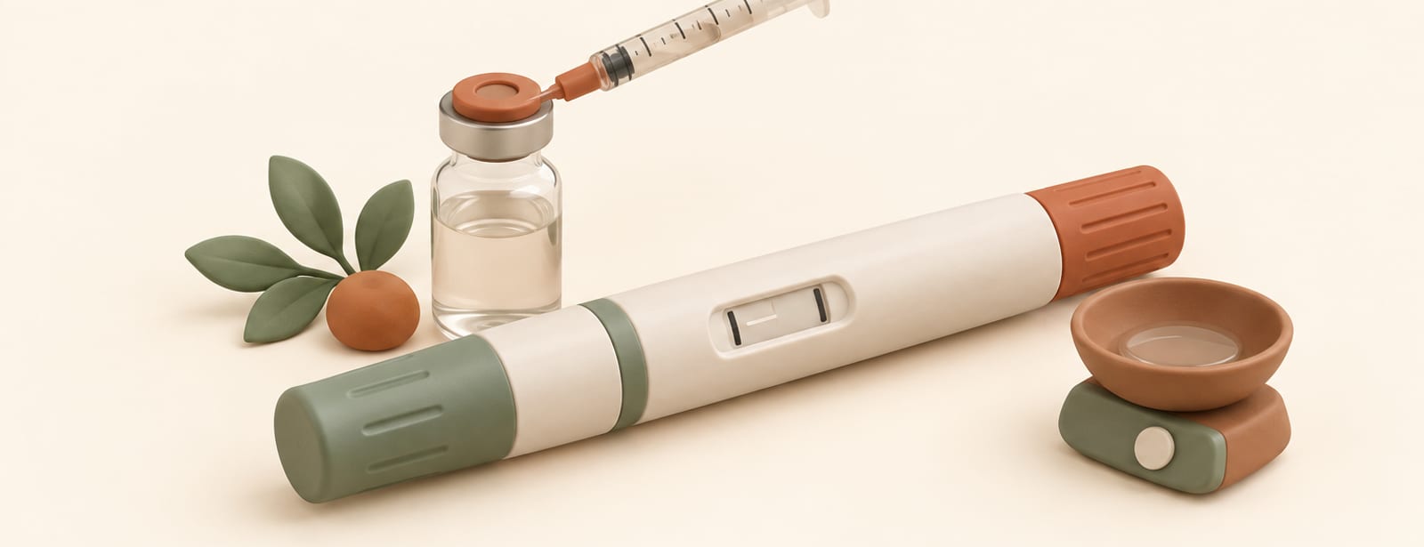 Isometric clay scene of an injection pen with a partial-dose marking, a multi-dose vial, syringe, and small scale.