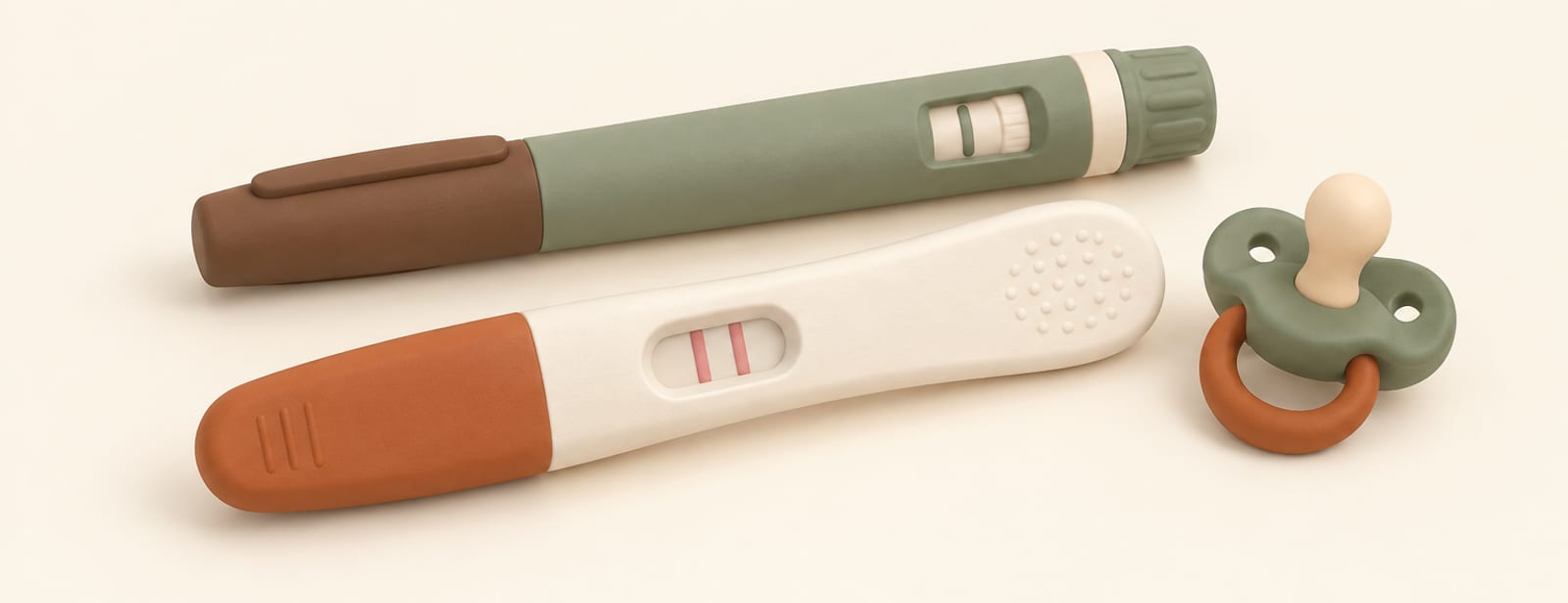 Clay still life of a pregnancy test, an injection pen, and a pacifier on a cream surface