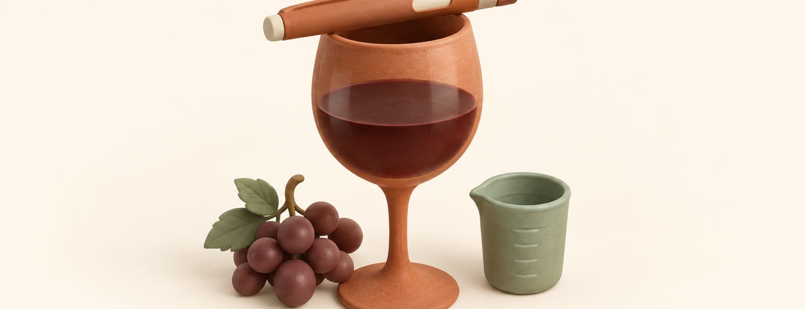 Clay-style illustration of a wine glass with an injection pen laid across it beside a small measuring beaker.