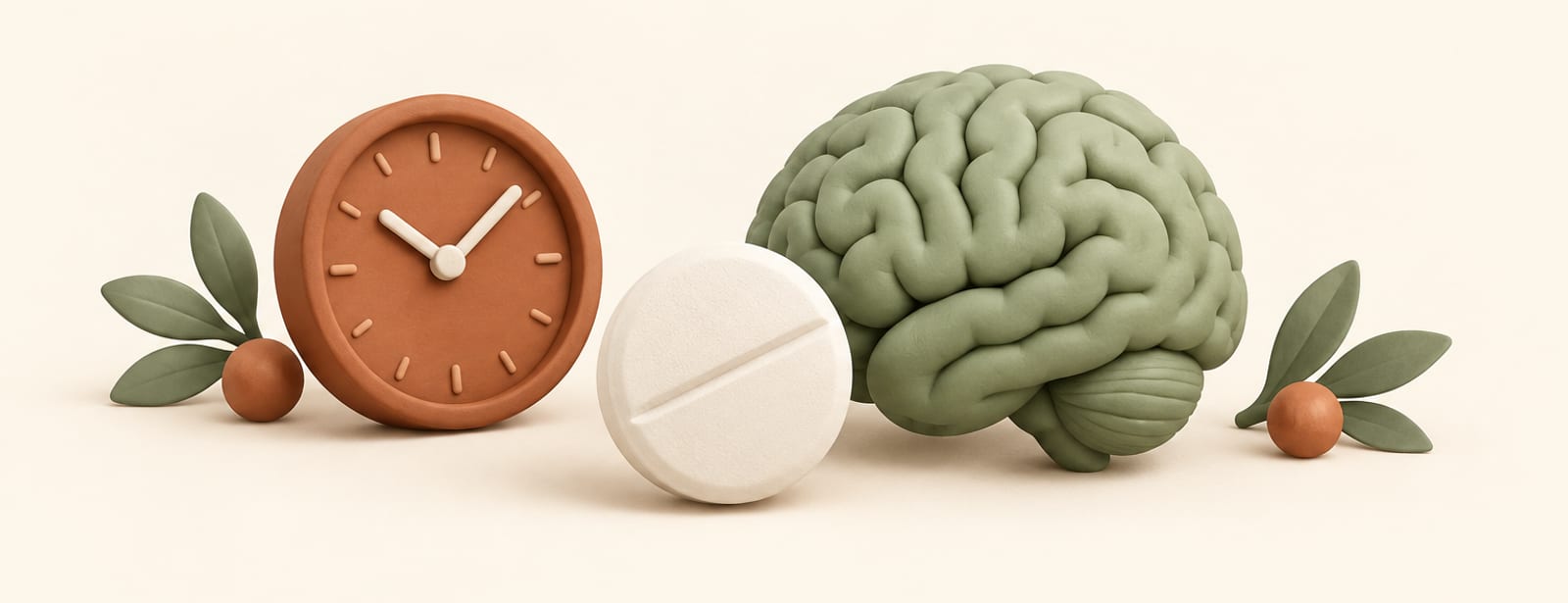 A tablet beside a clay brain shape and a small clock, isometric clay-style still life