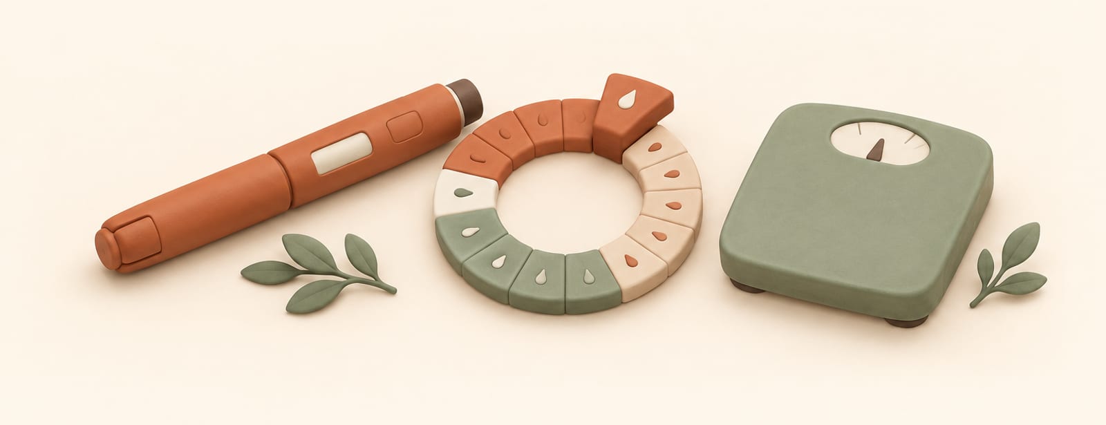 Isometric clay scene of an injection pen, a cycle-wheel shape, and a small scale on a cream surface.
