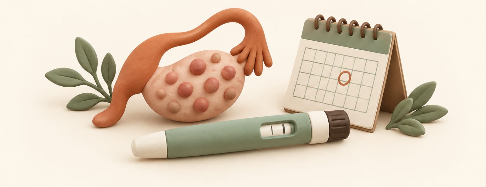 Clay still life of an ovary shape, an injection pen, and a circled calendar date on a cream surface.