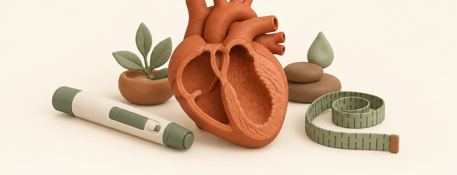 Clay heart shape with thickened walls beside an injection pen and a measuring tape, isometric still life.
