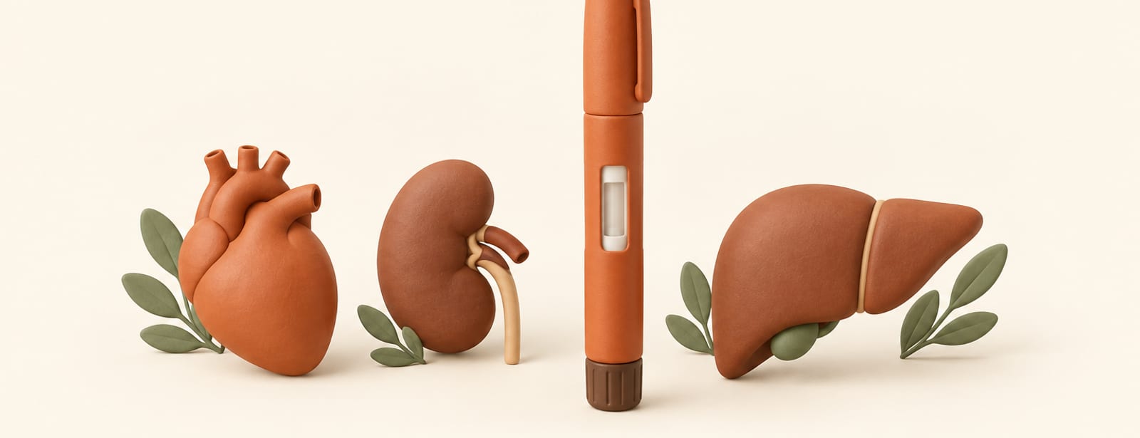 Clay-style illustration of an injection pen surrounded by small clay heart, kidney and liver shapes.