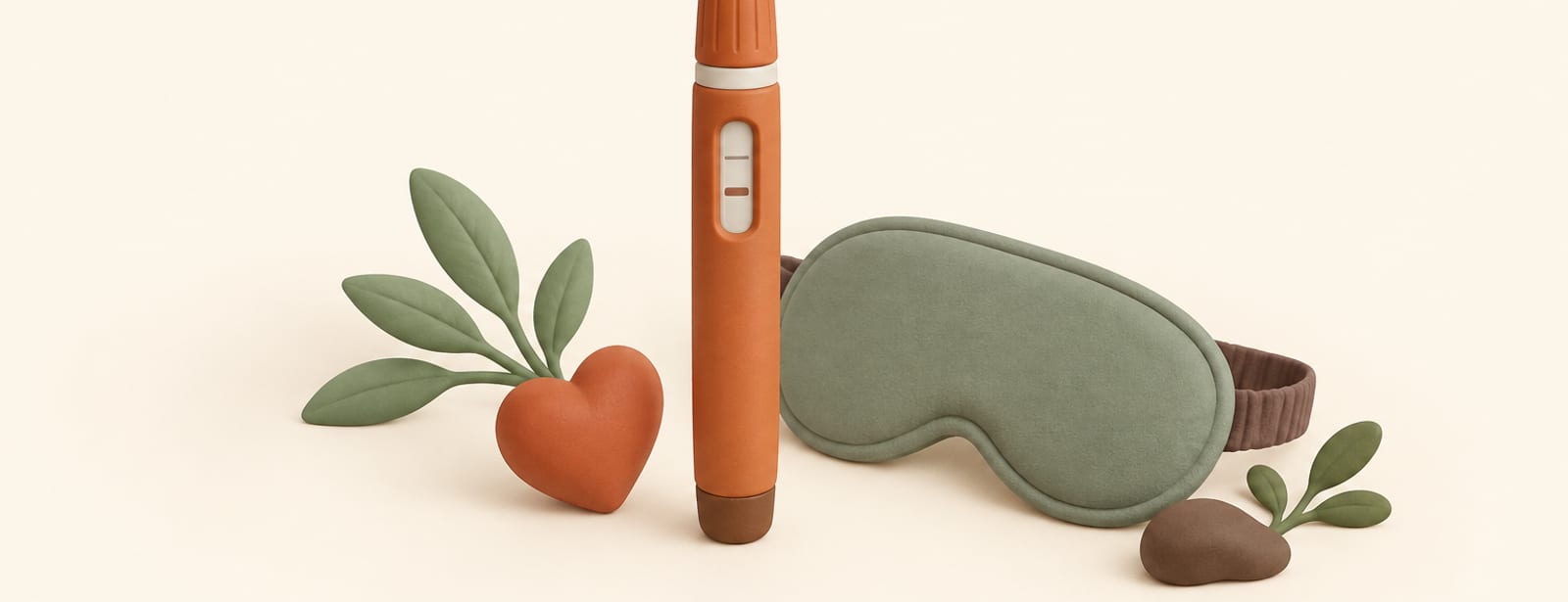 Isometric clay scene of an injection pen with a sleep mask and a small heart shape beside it