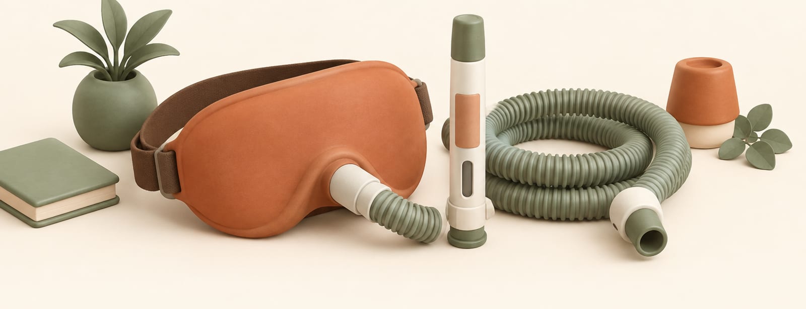 Isometric clay still life of a sleep mask, a coiled CPAP hose, and an injection pen on a cream background.