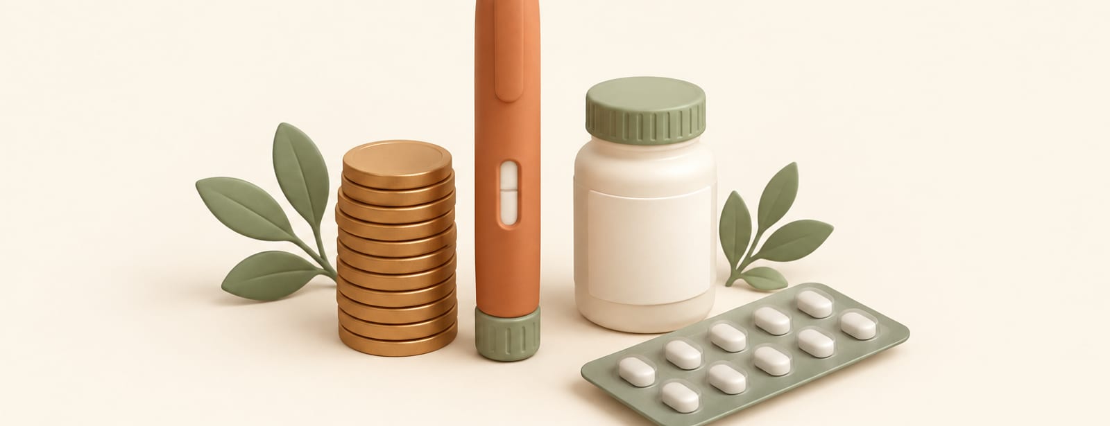 Clay-style still life of an injection pen, a stack of coins, a pill bottle and a blister pack of tablets on a cream surface.