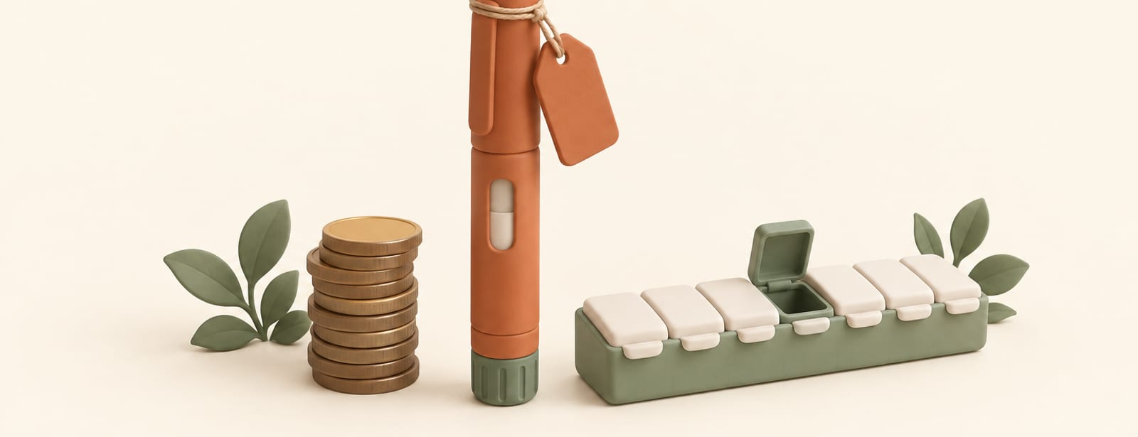 Clay-style illustration of an injection pen with a price tag, coins, and a weekly pill organizer.