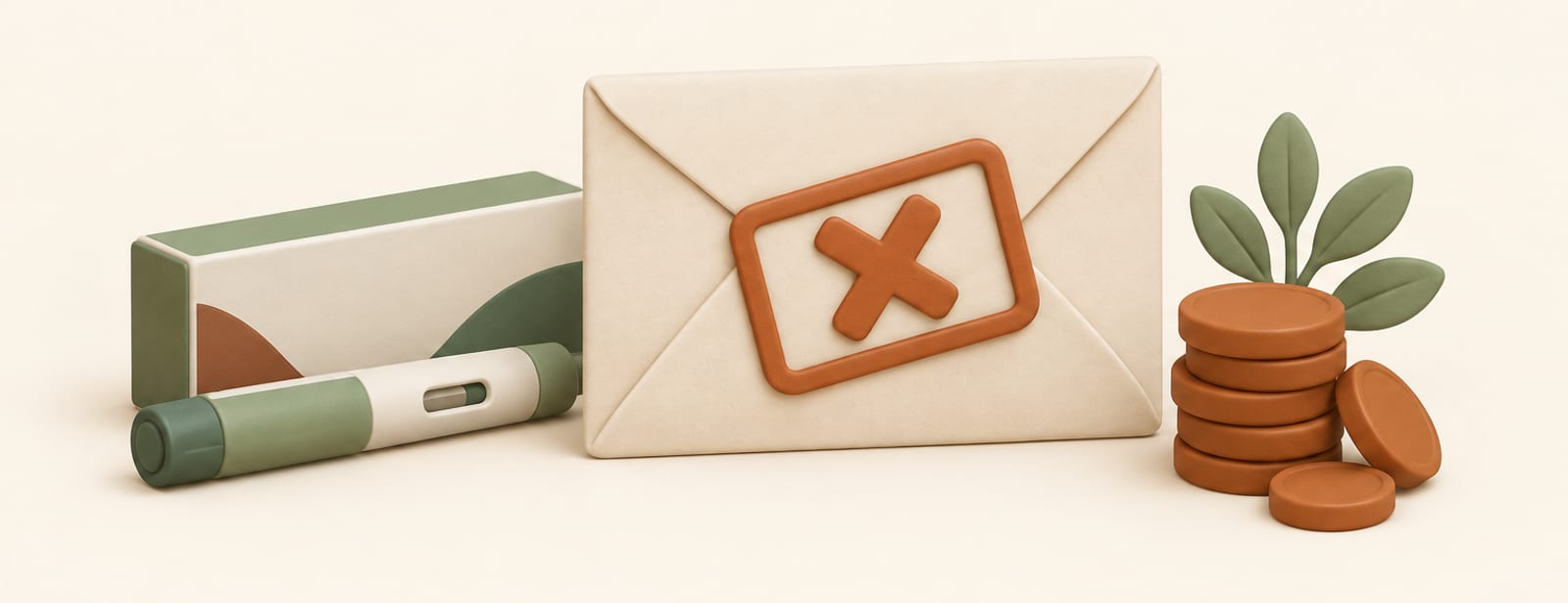Isometric clay scene of an envelope with a rejection stamp, a medication pen and box, and a small stack of coins.