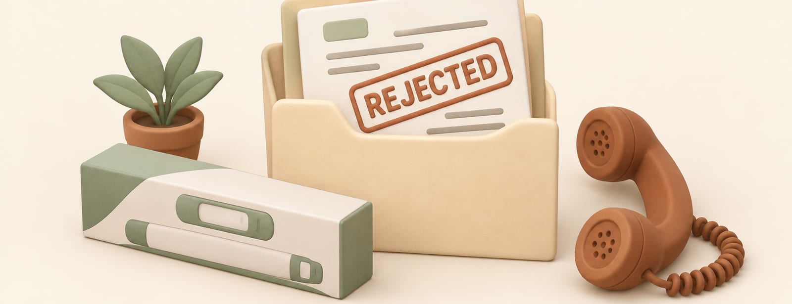 Isometric clay scene of an insurance folder with a rejection stamp, a pen box, and a telephone receiver