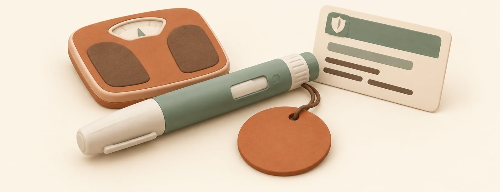 Clay-style still life of an injection pen, a round price tag, a small scale, and a card-like shape suggesting insurance coverage.