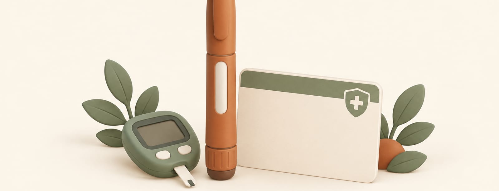 Clay-style illustration of an injection pen, a blank insurance card, and a glucose meter on a cream surface